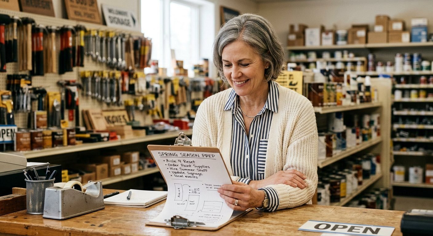 A woman business owner reviewing planning notes at the counter of her shop