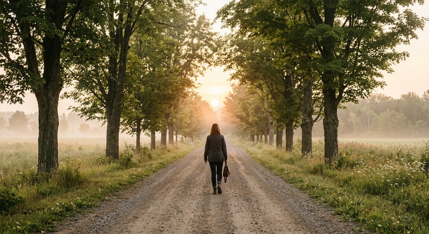 A person walking a long tree-lined path toward the sunrise