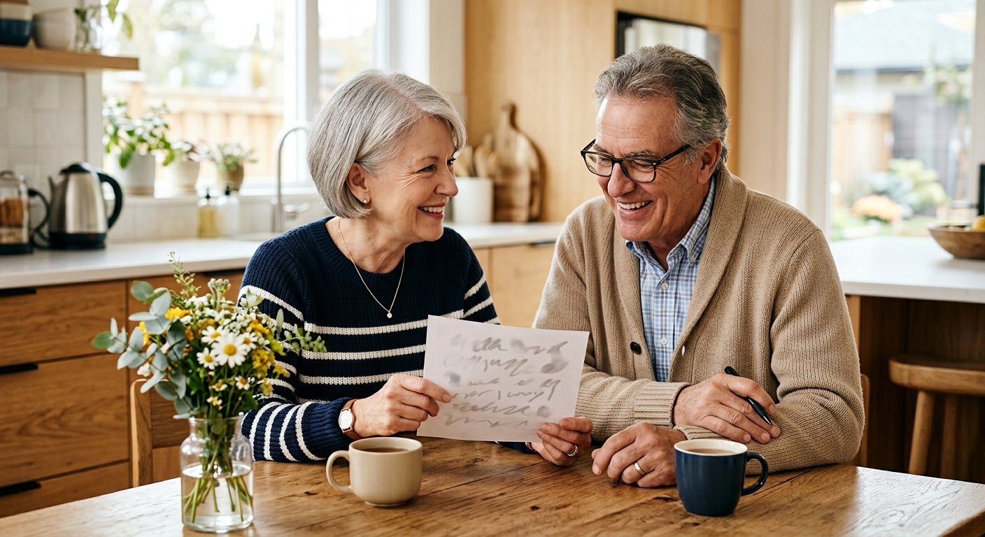 A senior couple reviewing a simple retirement checklist together at a bright kitchen table