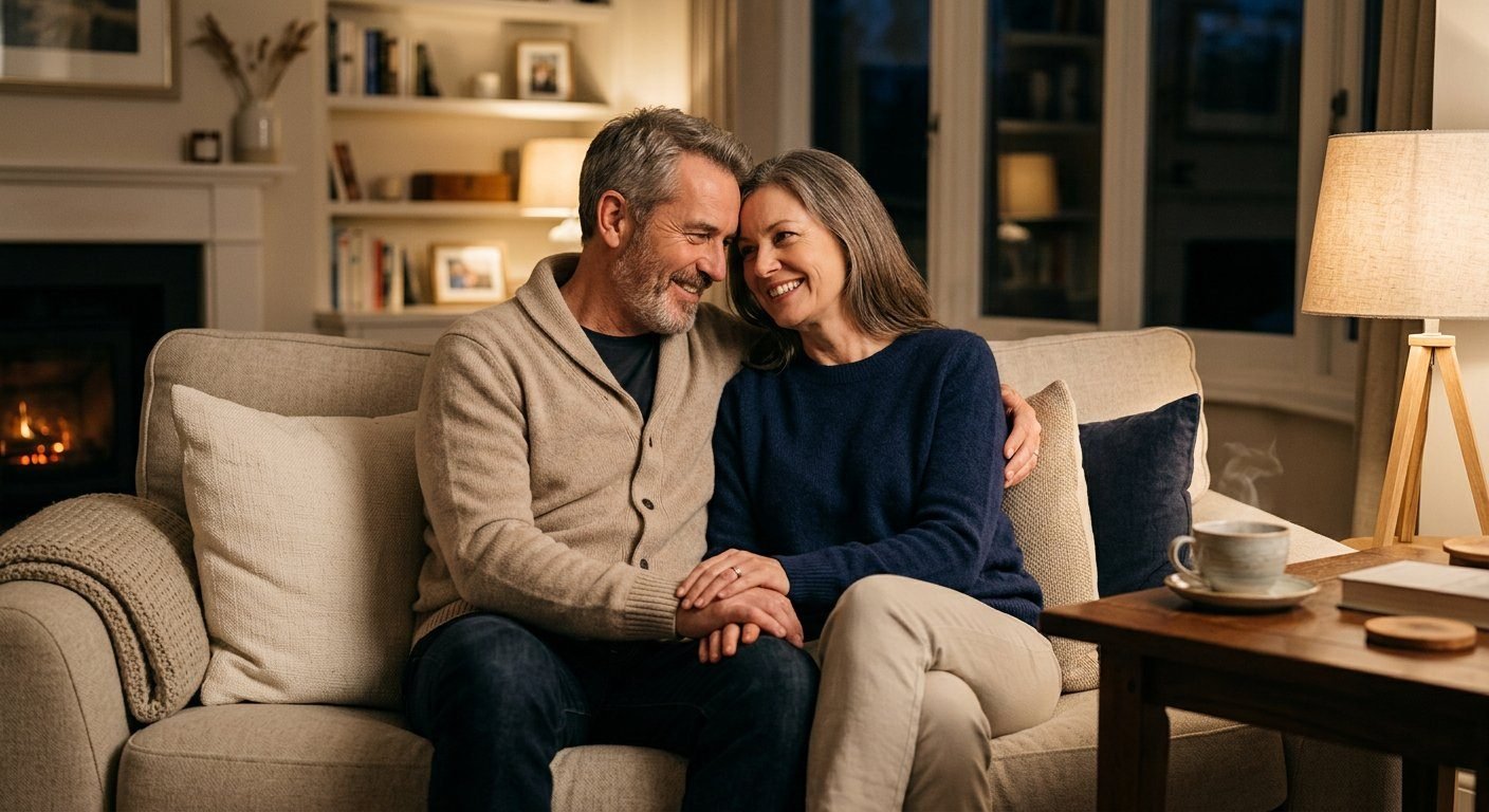 A mature couple sitting close together on a sofa in the warm evening light