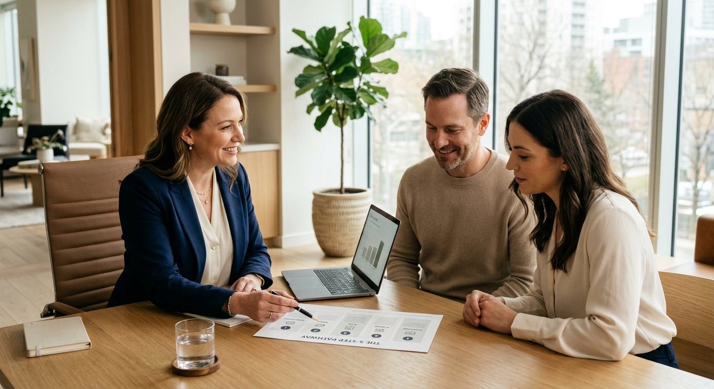 A financial advisor reviewing a five-step plan with a client couple at a modern desk