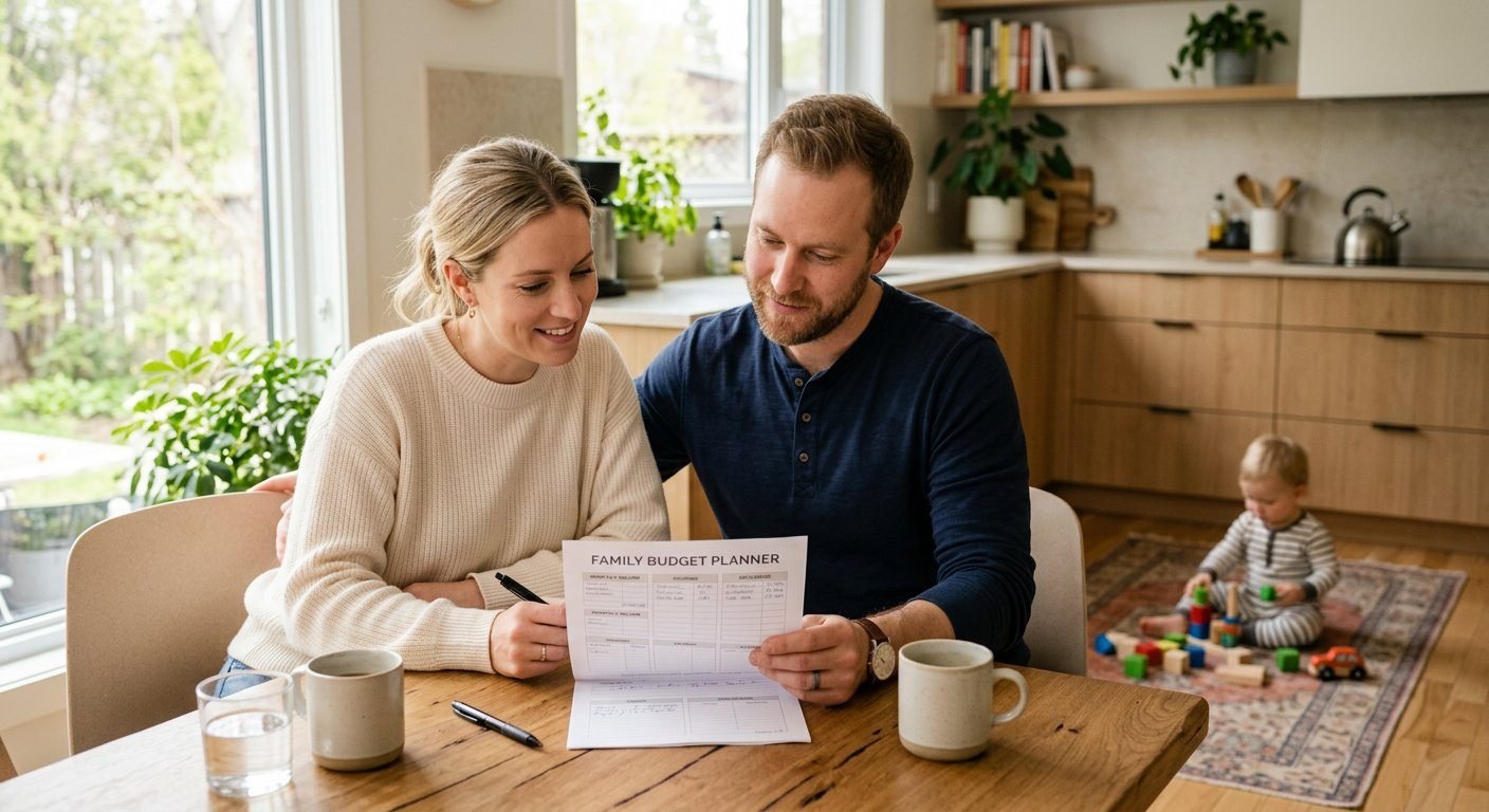 A couple reviewing a family budget planner at their kitchen table