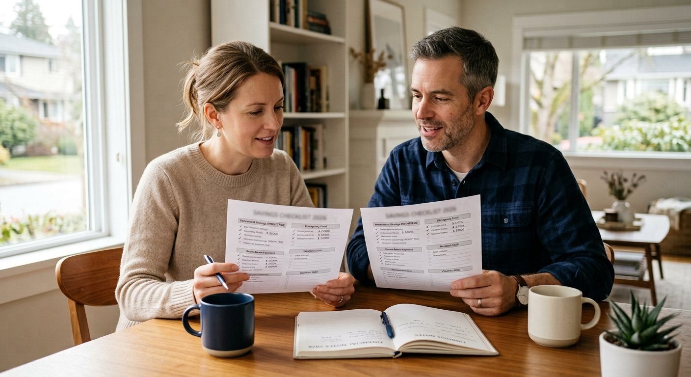A couple comparing two savings checklists at a dining table