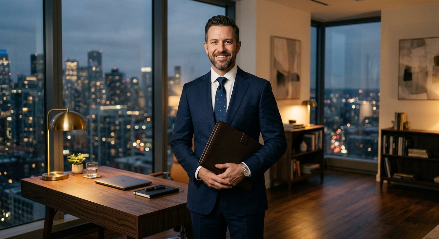 A business owner standing in a modern office at dusk