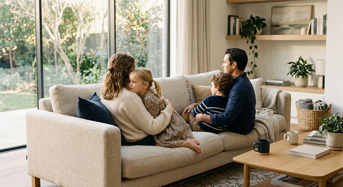 A family relaxing together in a bright living room