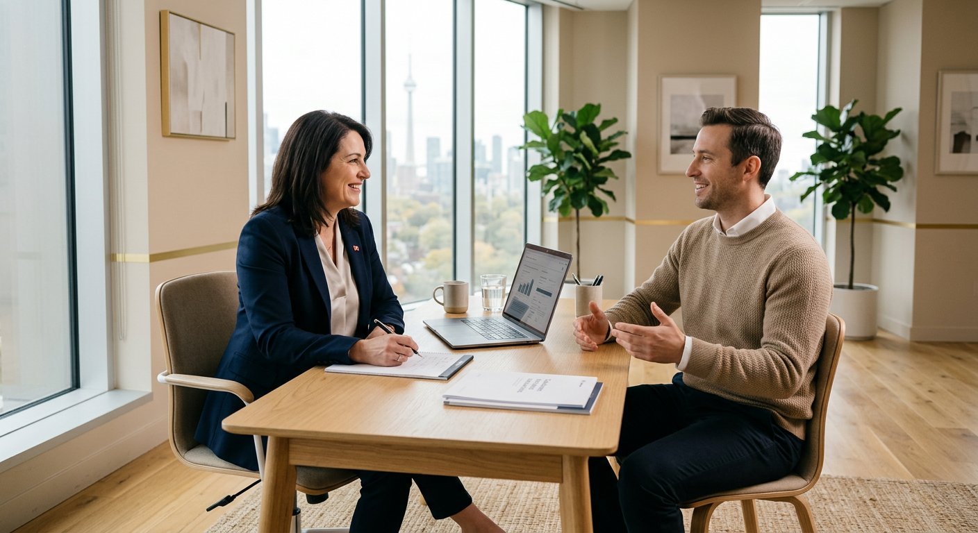 A WealthBox advisor in conversation with a client at a bright modern office