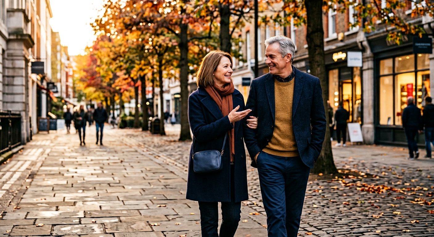 A couple walking together on a sunny autumn day