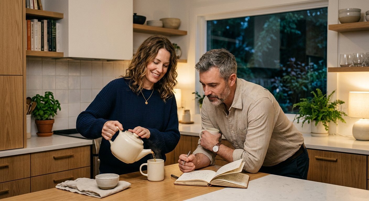 A couple sharing a quiet evening in their kitchen, one pouring tea while the other writes in a notebook