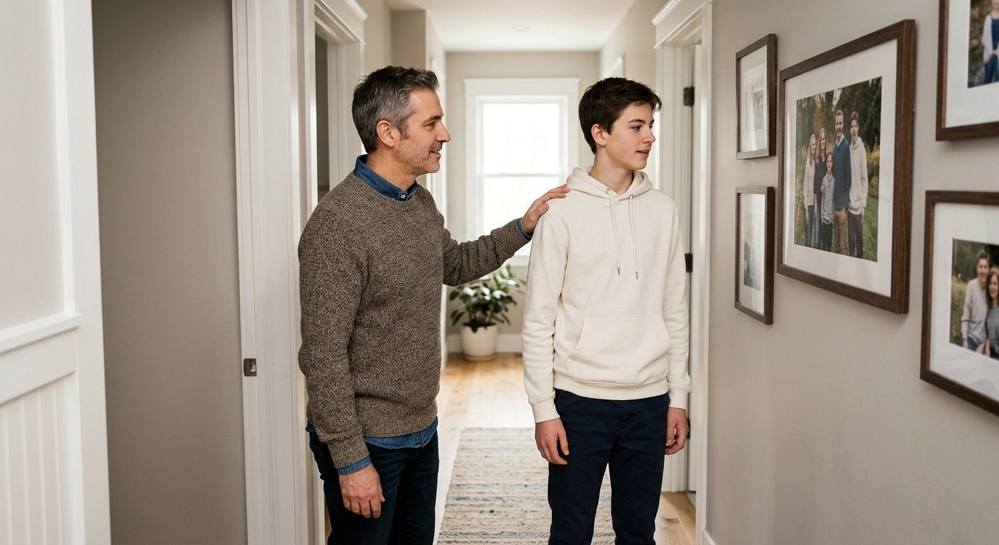 A parent and a teenager looking at a framed family photo together in a bright home hallway